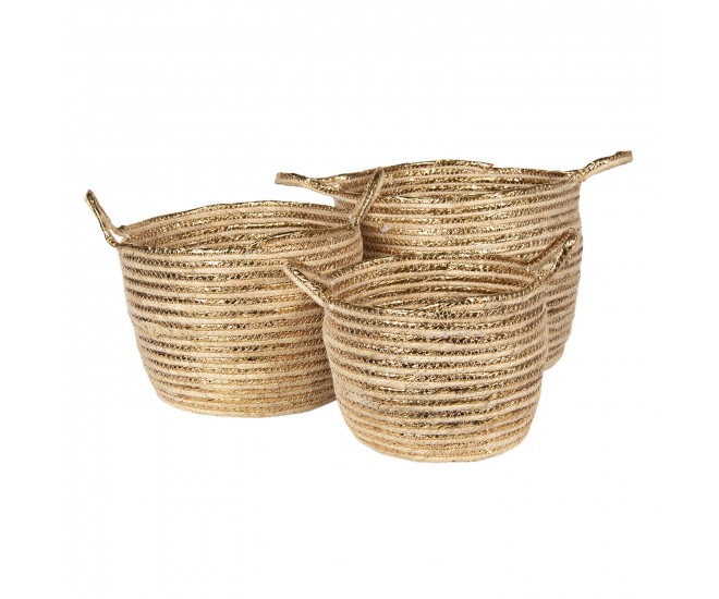 Set 3 ratanových košů se zlatými proužky Anais – Ø 31*34 / Ø 28*29 / Ø 23*24 cm
