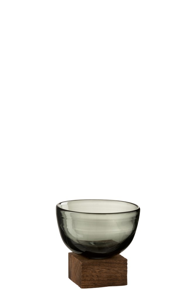 Hnědá polokulatá váza / svícen na dřevěné podestě S - 12*12*11,7 cm J-Line by Jolipa
