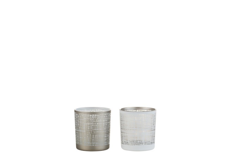 Skleněný svícen na čajovou svíčku Ibiza šedý/bílý - 7,3*7,3*8 cm J-Line by Jolipa