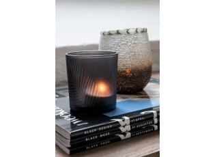 Černý a hnědý skleněný svícen na čajovou svíčku s motivem listu.