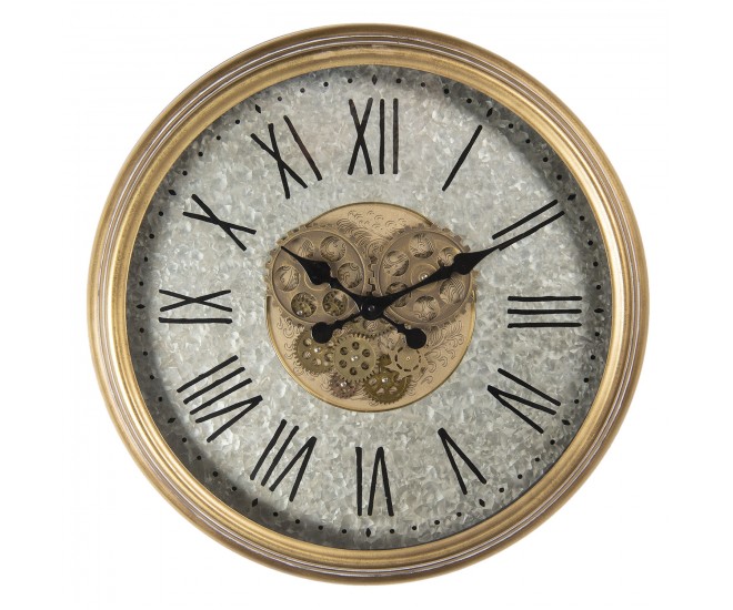 Plechové nástěnné hodiny se zlatým rámem a římskými číslicemi – Ø 63*8 cm / 1*AA Clayre & Eef