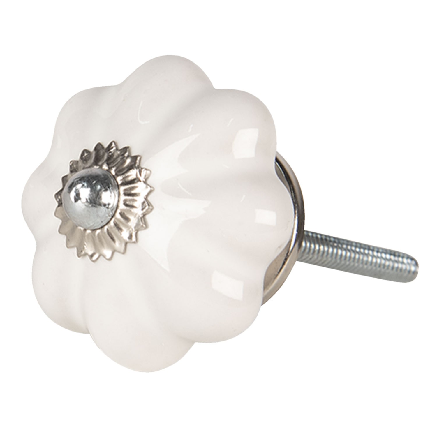 Lesklá bílá úchytka ve tvaru květiny se stříbrným koncem – Ø 4*4 cm Clayre & Eef
