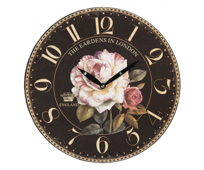 Černé vintage nástěnné hodiny s růžemi – Ø 34*3 cm / 1*AA