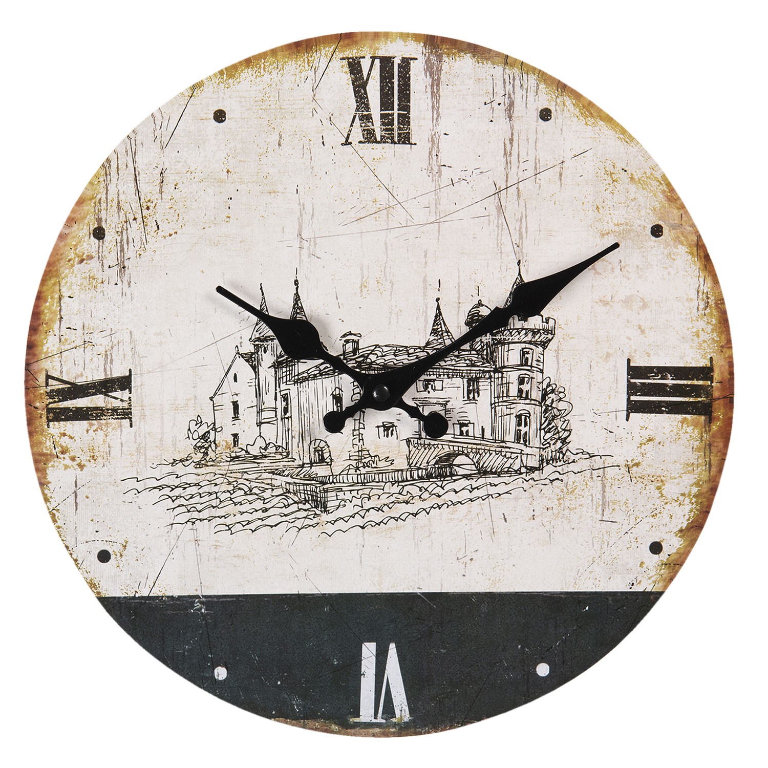 Vintage nástěnné hodiny se zámkem a patinou – Ø 30*3 cm / 1*AA 6KL0599