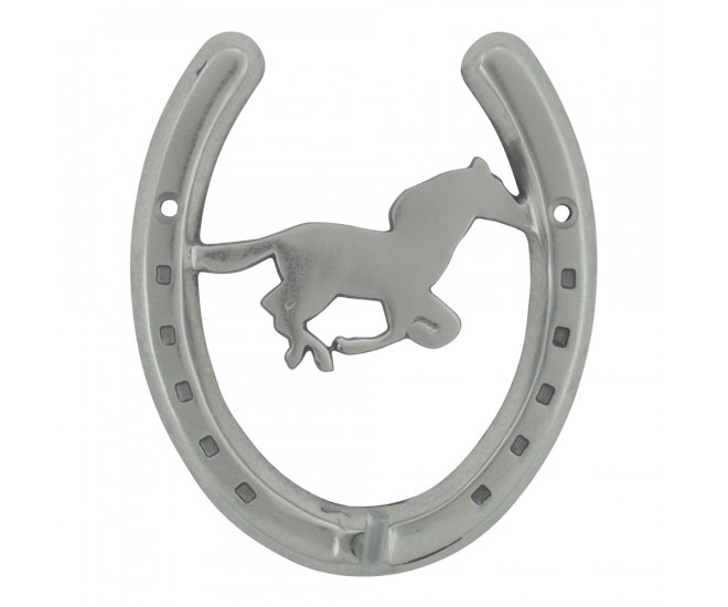 Stříbrný nástěnný háček ve tvaru podkovy s jezdcem na koni - 13*10cm