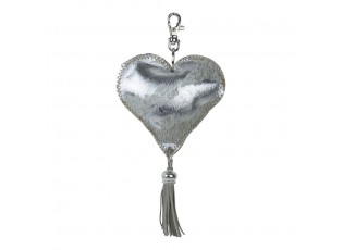 Klíčenka šedo stříbrné srdce s třásní z hovězí kůže - 10*10*5cm