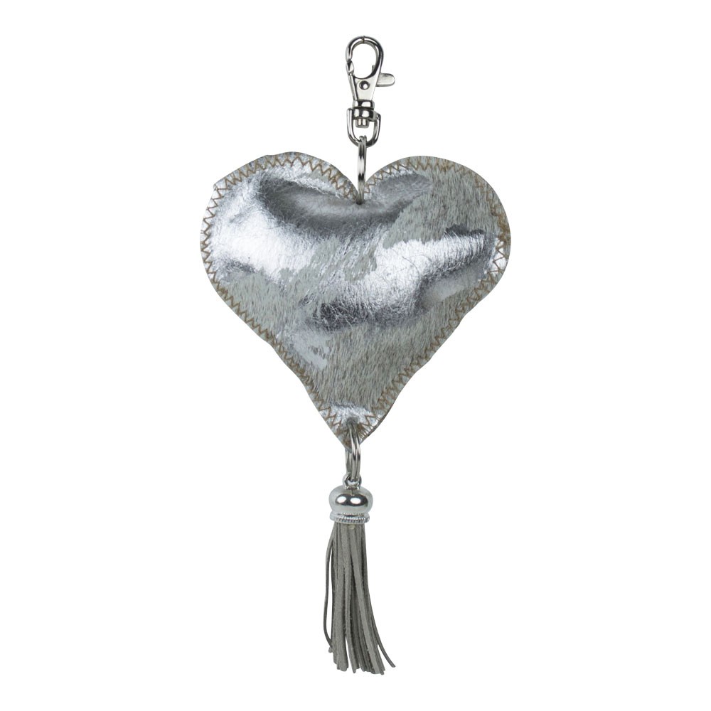 Klíčenka šedo stříbrné srdce s třásní z hovězí kůže - 10*10*5cm Mars & More