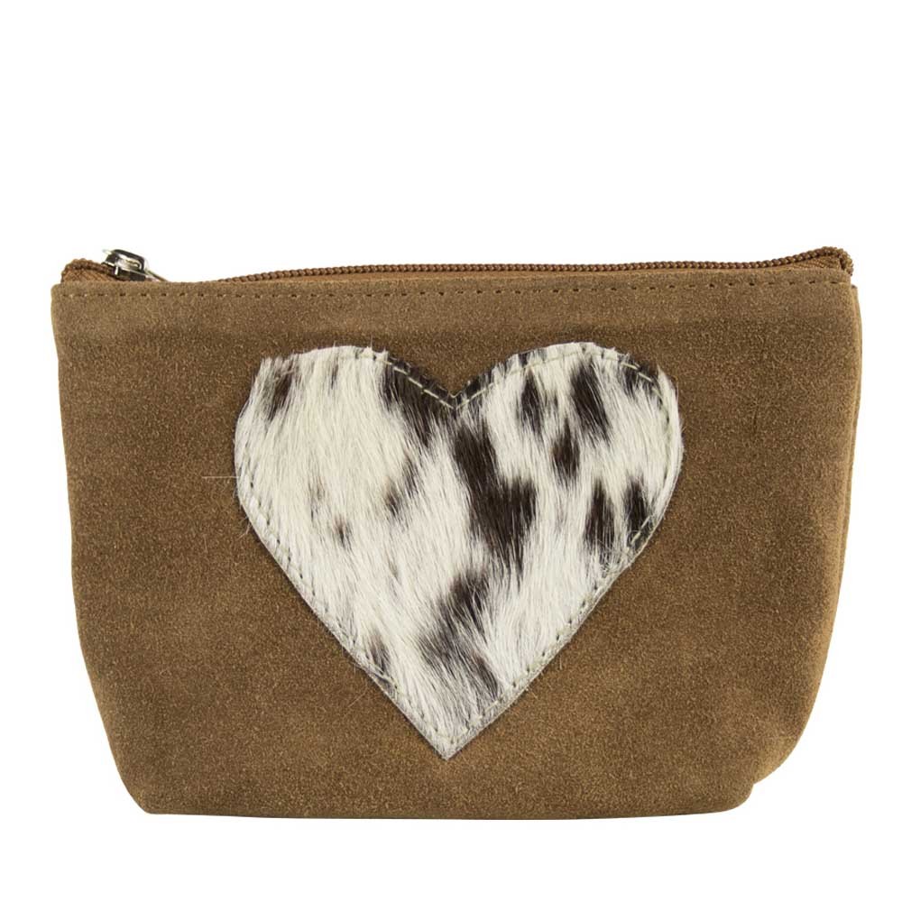 Hnědá make-up taška se srdcem z hovězí kůže - 15*5*12cm 
