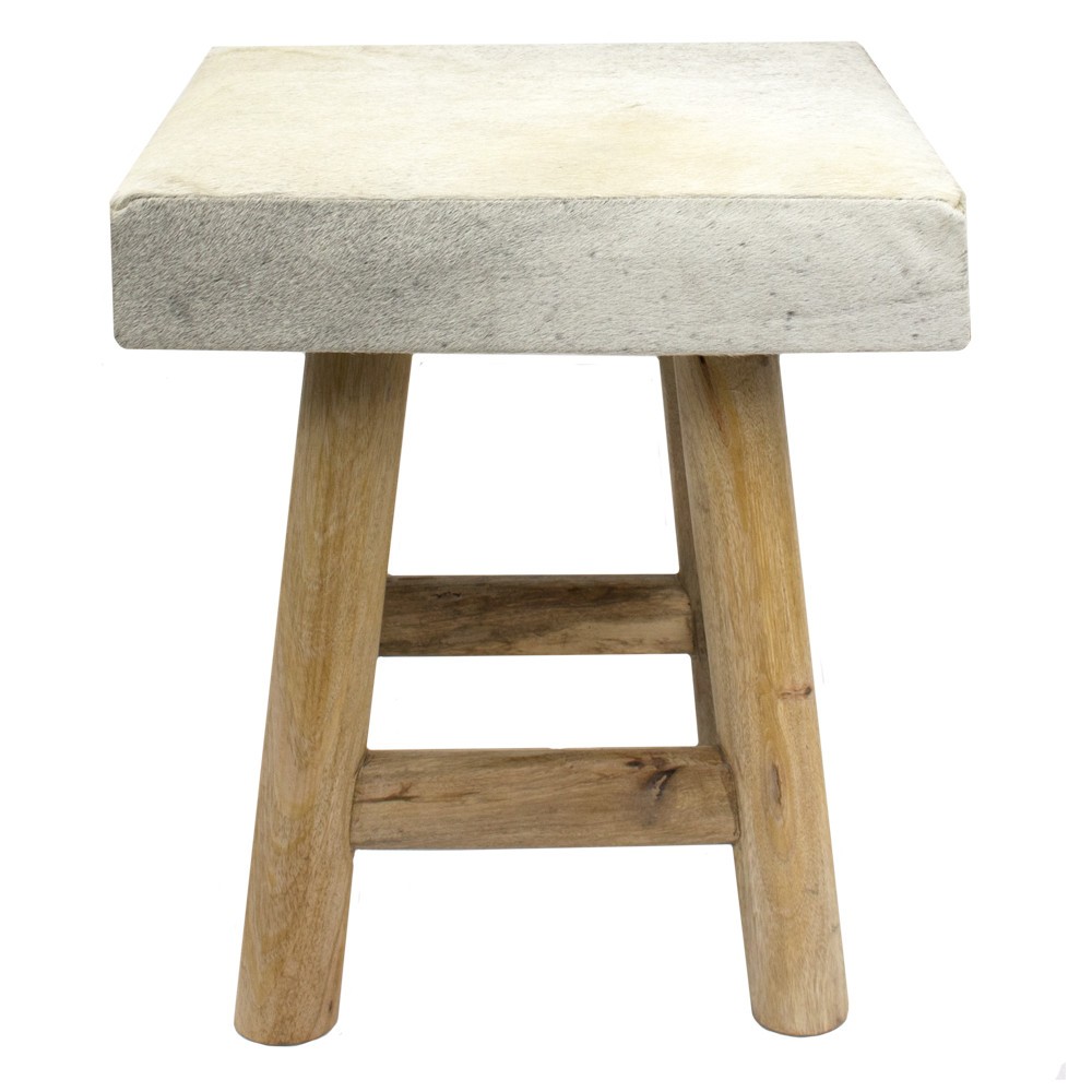 Dřevěná stolička s šedo bílým čtvercovým podsedákem z hovězí kůže - 35*35*35cm Mars & More