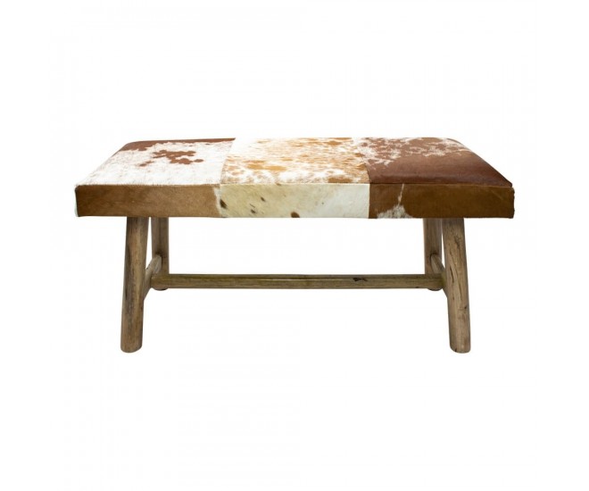 Dřevěná lavice s koženým sedákem Cowny bílá/hnědá - 95*40*45cm