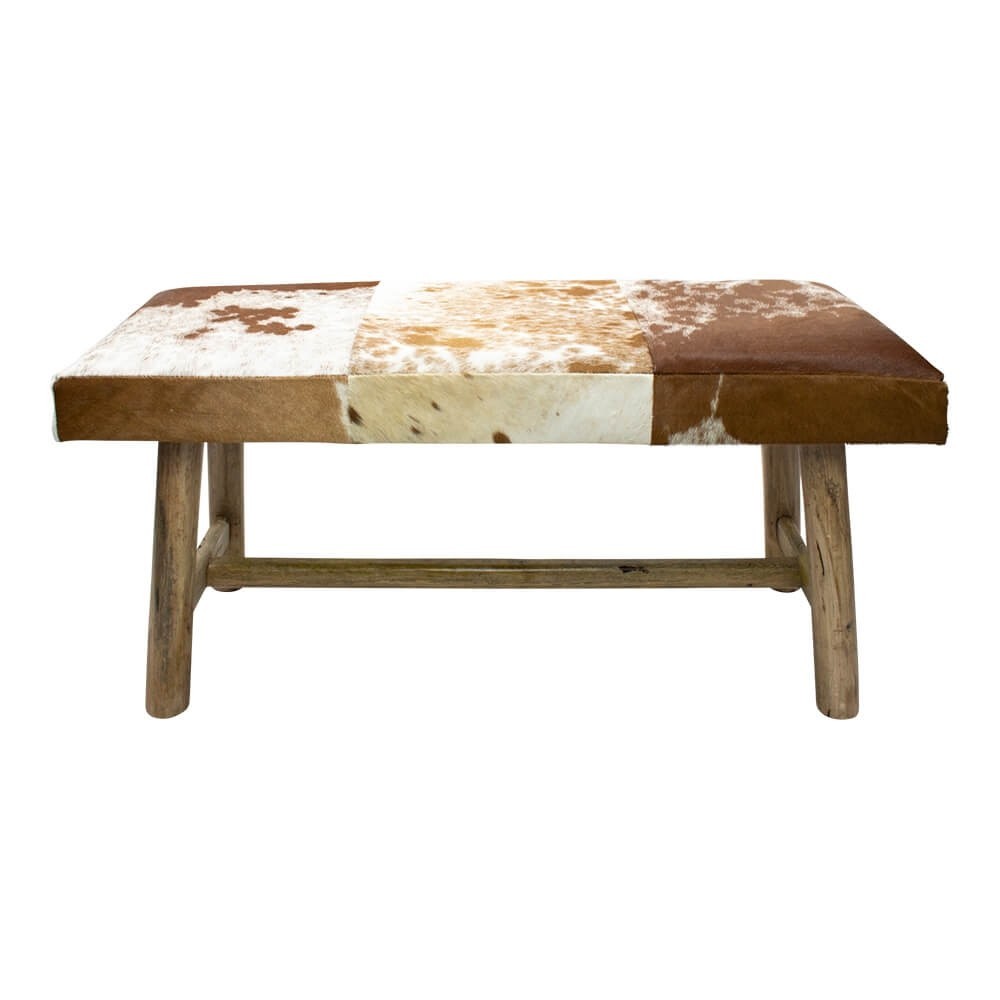Dřevěná lavice s koženým sedákem Cowny bílá/hnědá - 95*40*45cm Mars & More