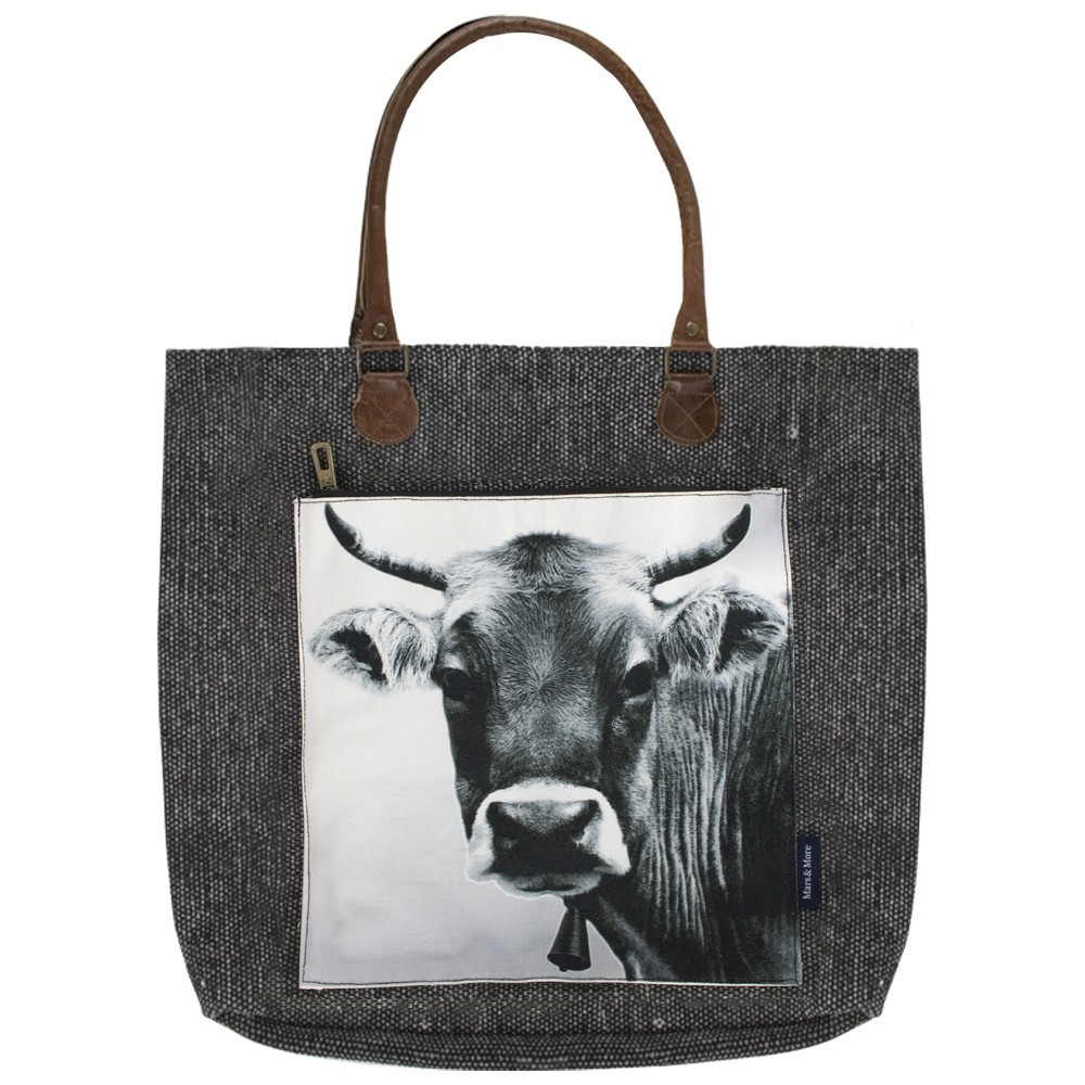 Černá bavlněná kabelka švýcarská kráva - 49*42*10cm Mars & More