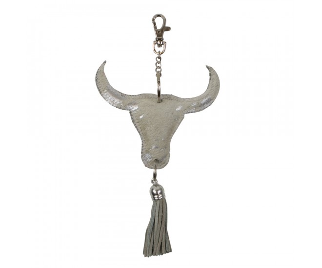Klíčenka s přívěskem býčí hlavy s třásní béžovo stříbrná - 10*10*5cm
