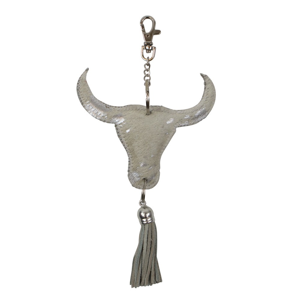 Klíčenka s přívěskem býčí hlavy s třásní béžovo stříbrná - 10*10*5cm Mars & More