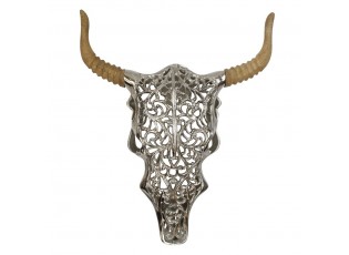 Nástěnná kovová lebka býka s dřevěnými rohy - 46*9*54cm