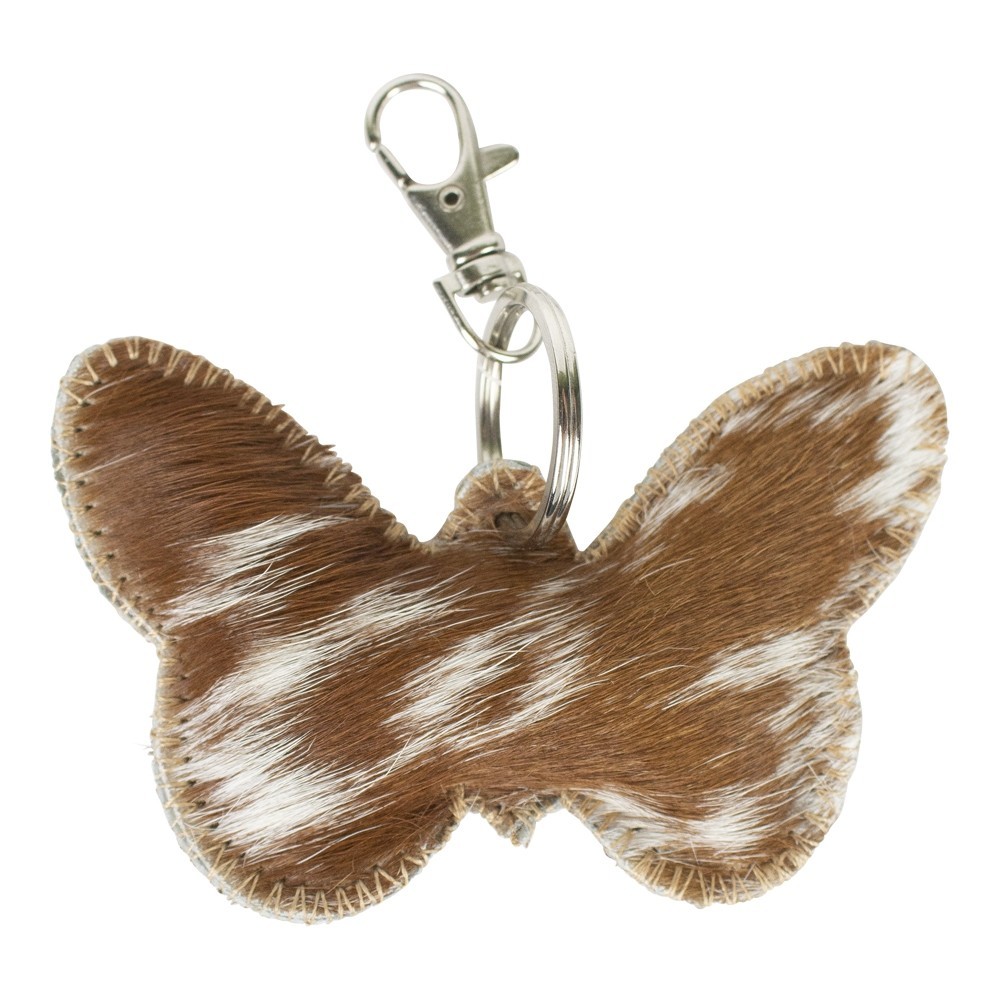 Klíčenka hnědo bílý motýlek z hovězí kůže - 10,5*7*2cm