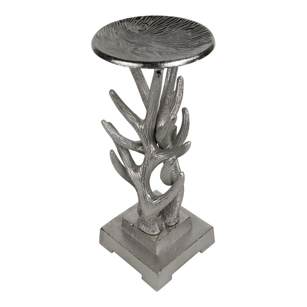 Stříbrný kovový svícen s parožím - 12,5*12,5*30cm