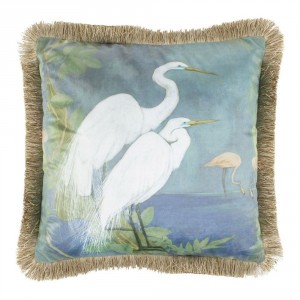 Sametový polštář bílé volavky se zlatými třásněmi Frill - 45*45*10cm