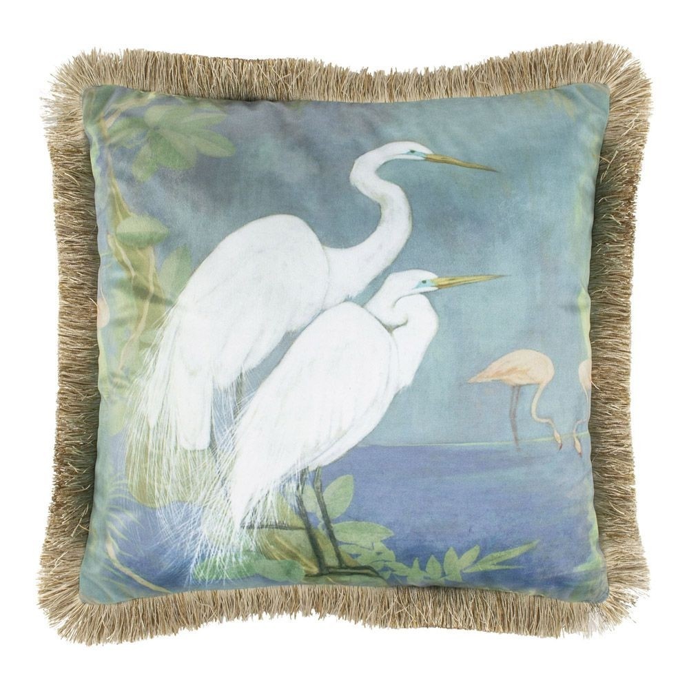 Sametový polštář bílé volavky se zlatými třásněmi Frill - 45*45*10cm