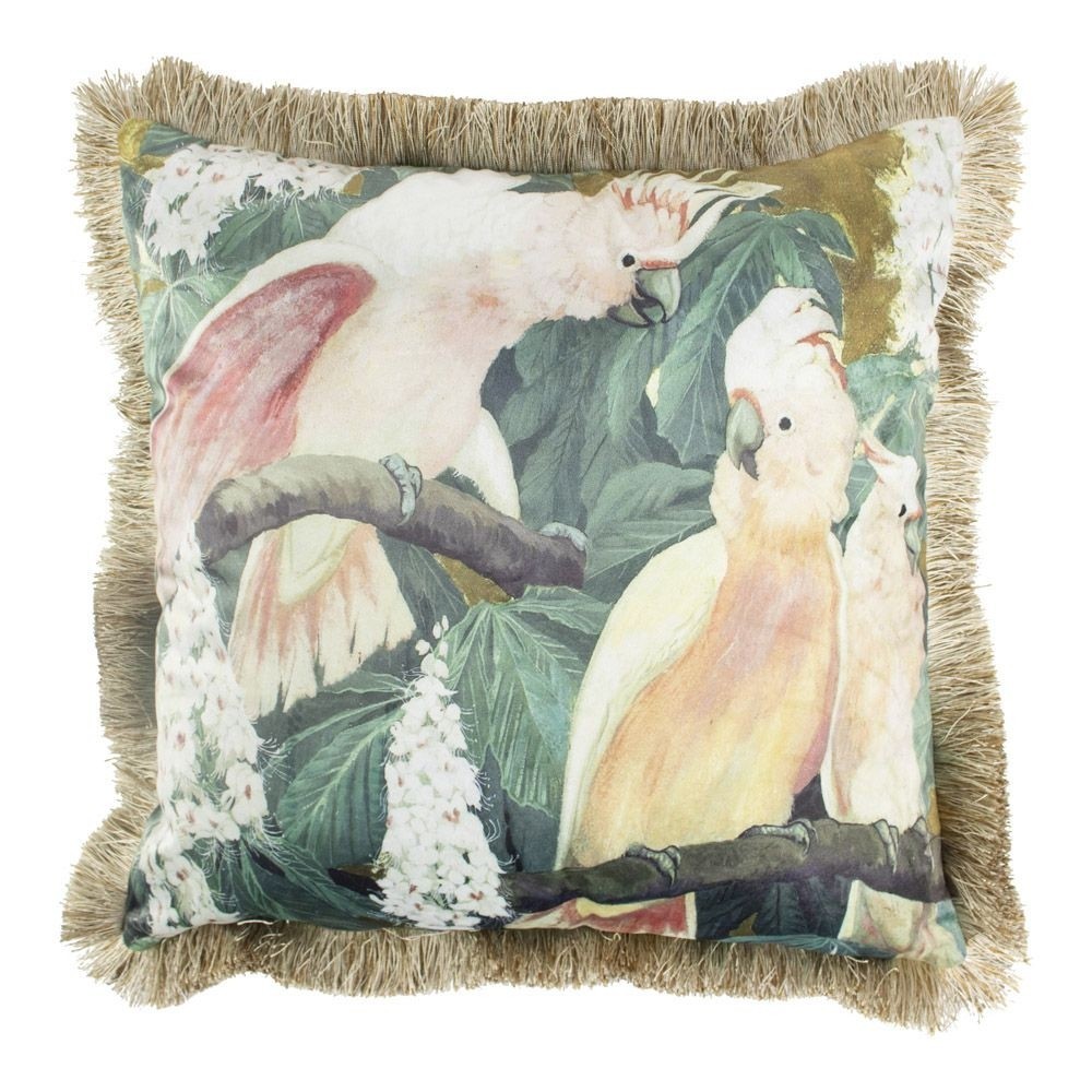 Sametový polštář s papoušky Kakadu se zlatými třásněmi - 45*45*10cm