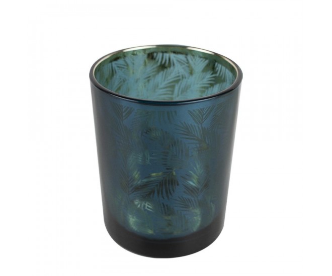 Skleněný svícen v petrolejové barvě s dekorací palmových listů - Ø 10*12cm