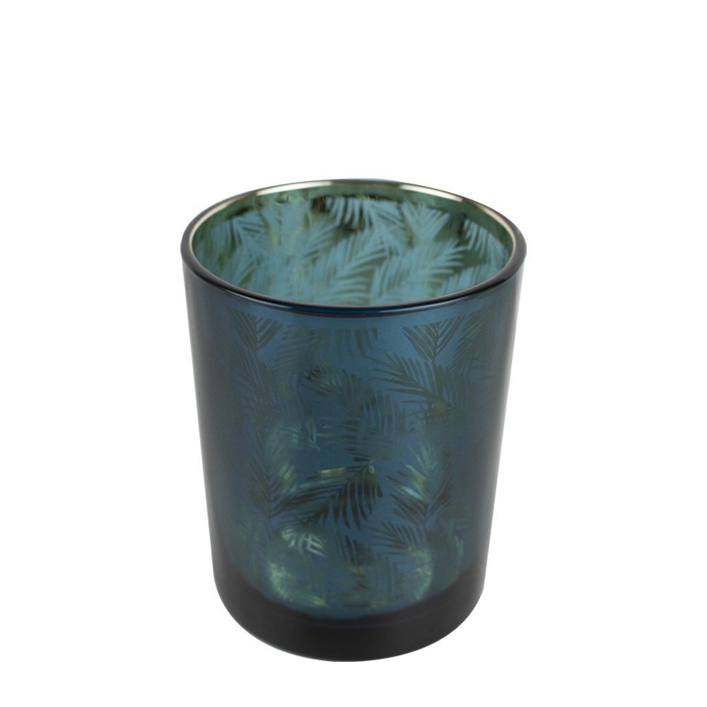 Petrolejový skleněný svícen na čajovou svíčku s palmovými listy – Ø 8*10cm Mars & More
