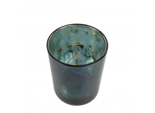 Petrolejový skleněný svícen na čajovou svíčku s palmovými listy – Ø 8*10cm