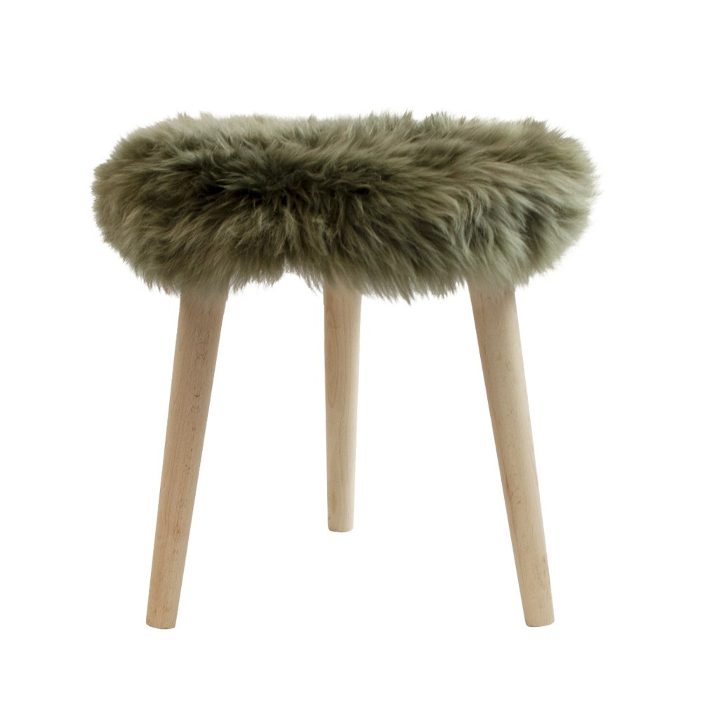 Dřevěná kulatá stolička s olivově zeleným sedákem z ovčí kůže - Ø 36*45cm