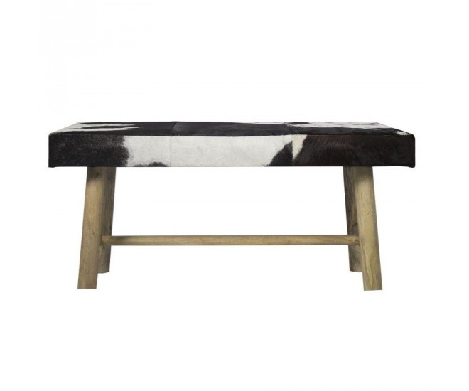 Dřevěná lavice s koženým sedákem Cowny bílá/černá - 95*40*45cm