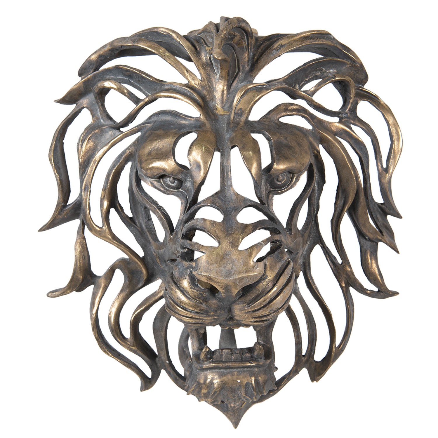 Zlatá nástěnná dekorativní hlava lva s patinou - 42*23*46 cm Clayre & Eef