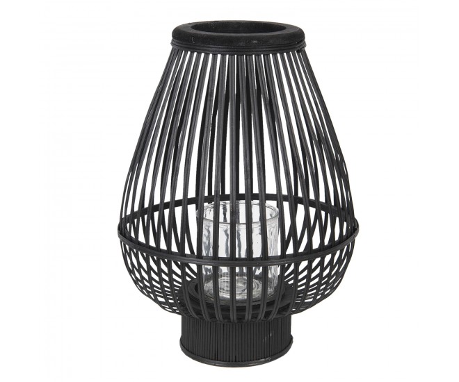 Černá dřevěná lucerna se skleněným válcem na svíčku Cotilde – Ø 34*46 cm