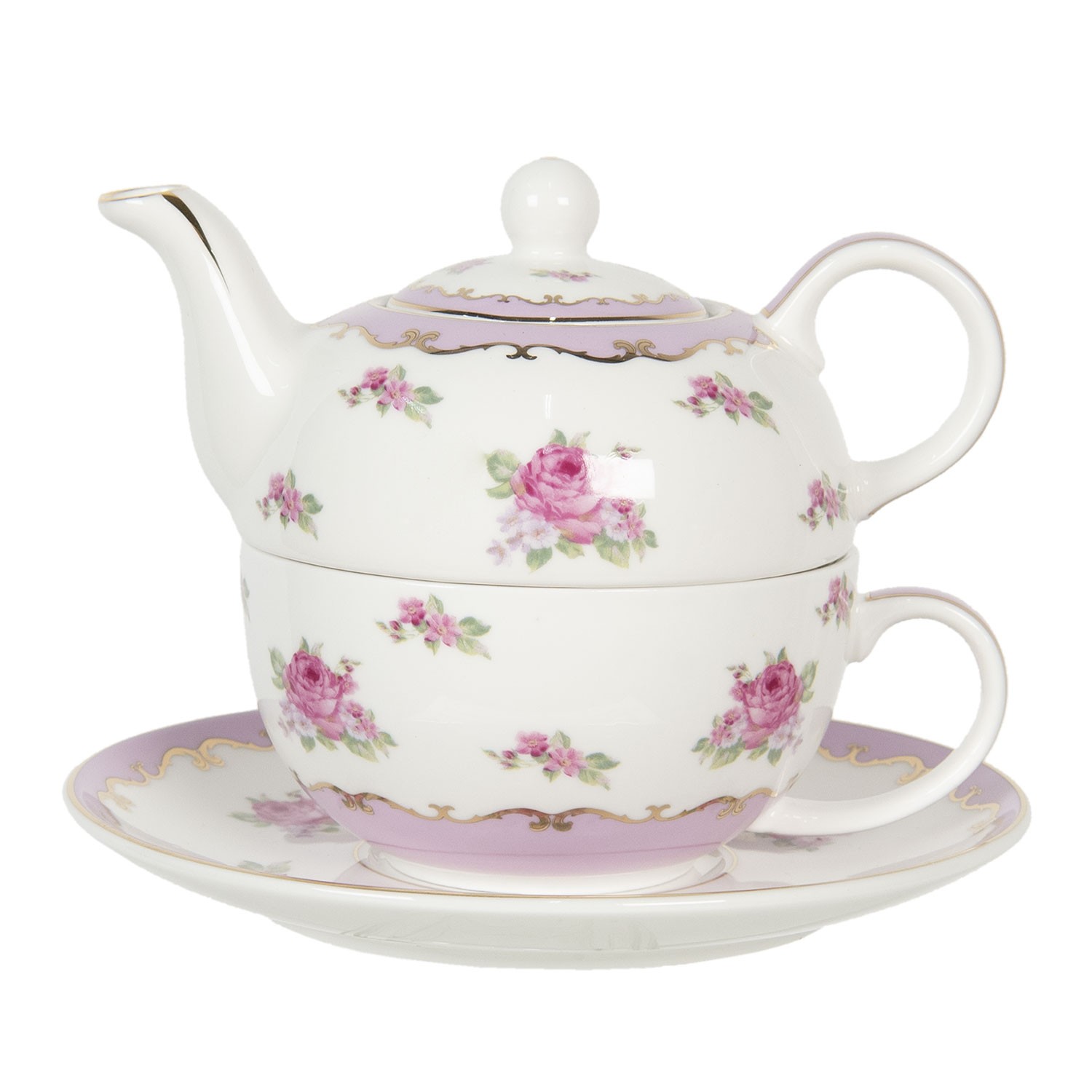 Porcelánová čajová konvička s šálkem a podšálkem Des Roses – 0,4 l Clayre & Eef