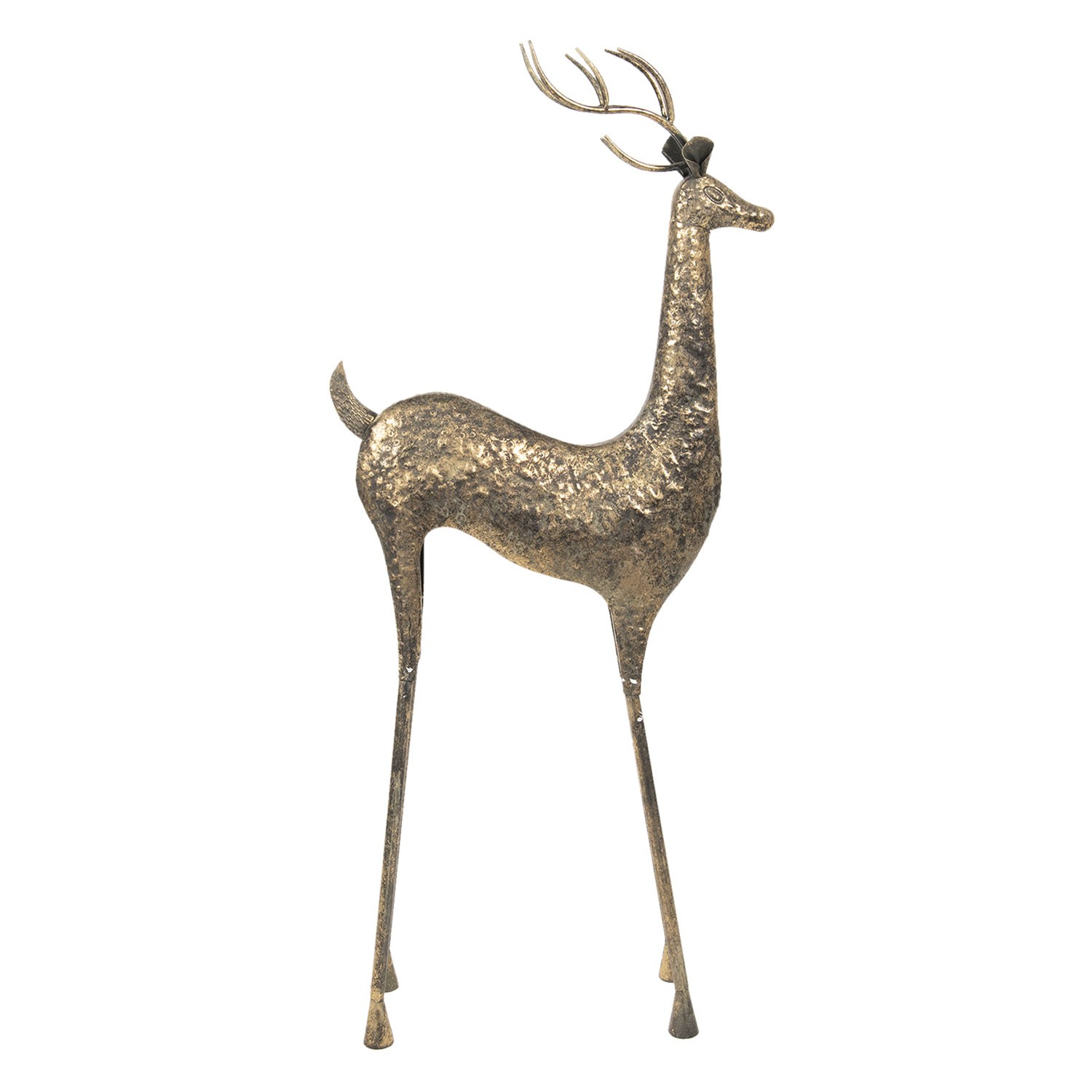 Zlatá kovová dekorativní úzká soška jelena s patinou - 55*21*132 cm 5Y0706