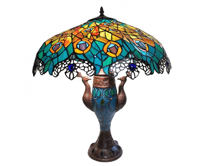 Vitrážová stolní lampa Tiffany Paons – Ø 56*68 cm E27/max 2*60W E14/max 1*25W
