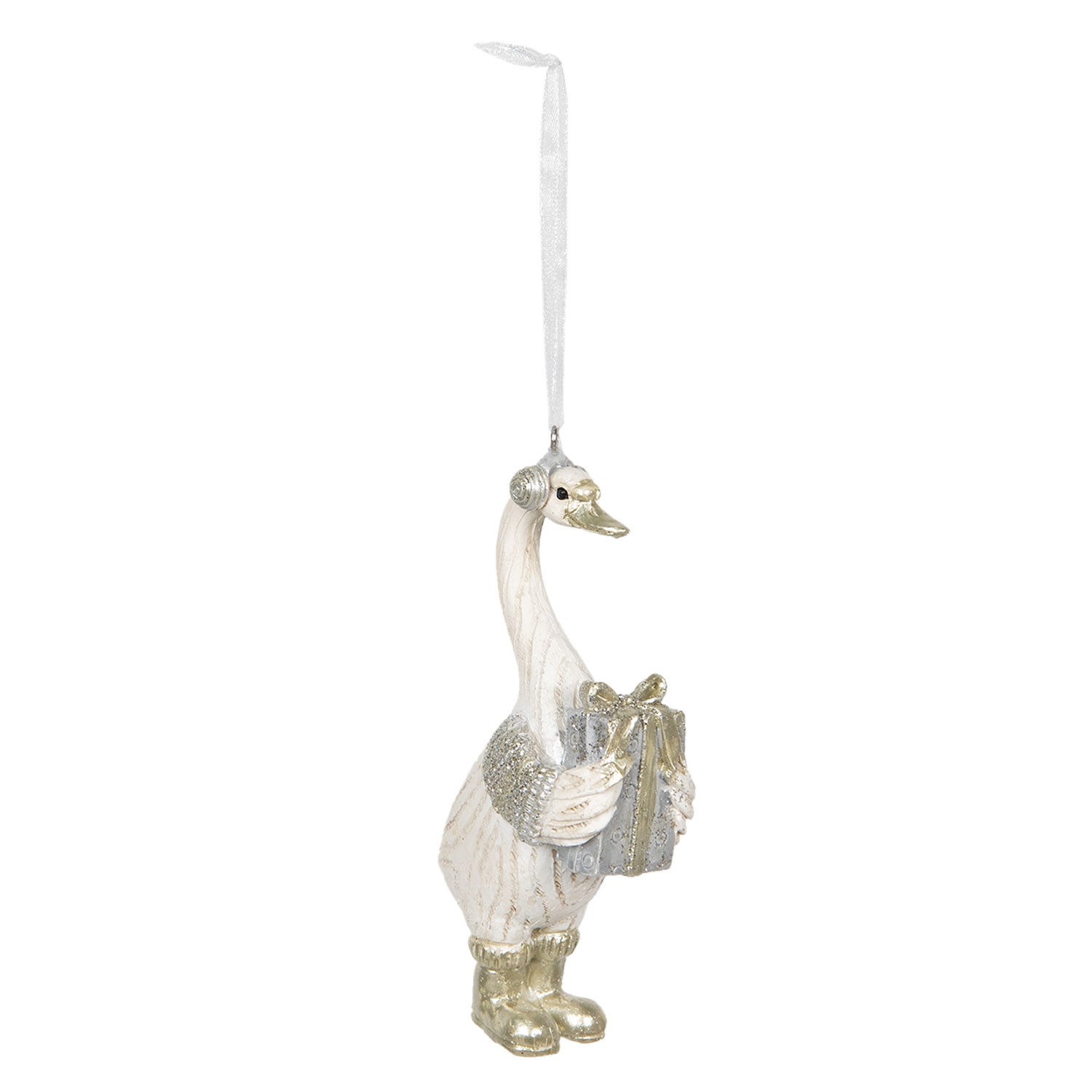 Závěsná dekorativní ozdoba husa s dárkem - 5*3*11 cm Clayre & Eef