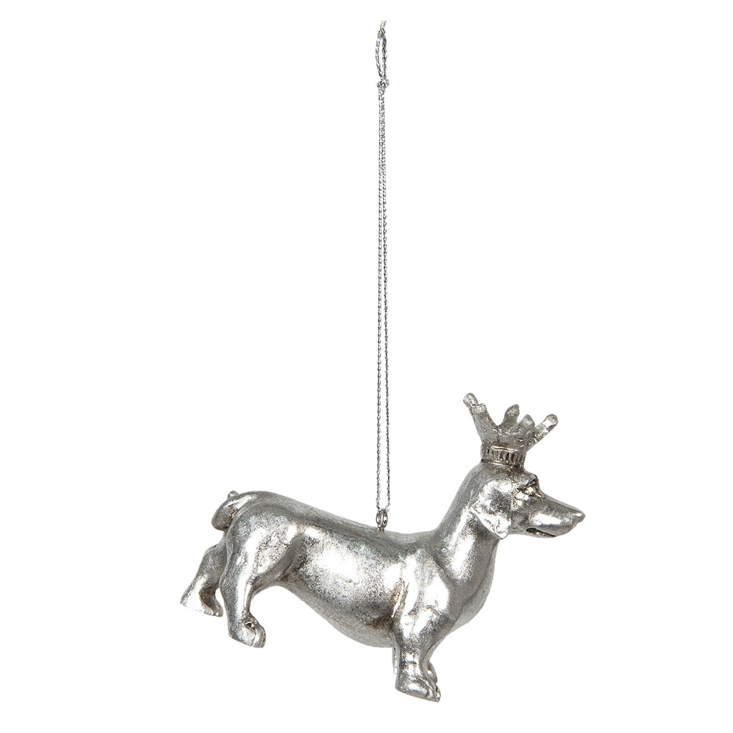Stříbrná závěsná dekorativní ozdoba jezevčíka s korunkou - 8*3*6 cm Clayre & Eef