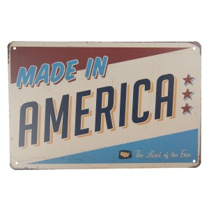 Středně velká kovová barevná cedule MADE IN AMERICA.