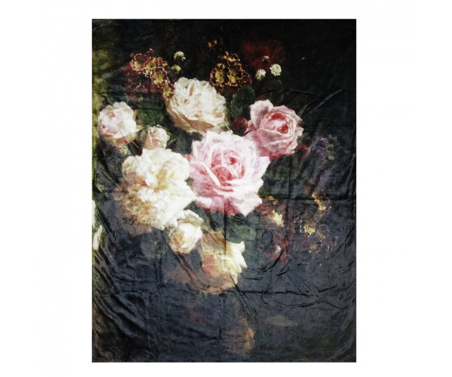 Černý plyšový pléd /přehoz s květy Vintage - 130*170 cm