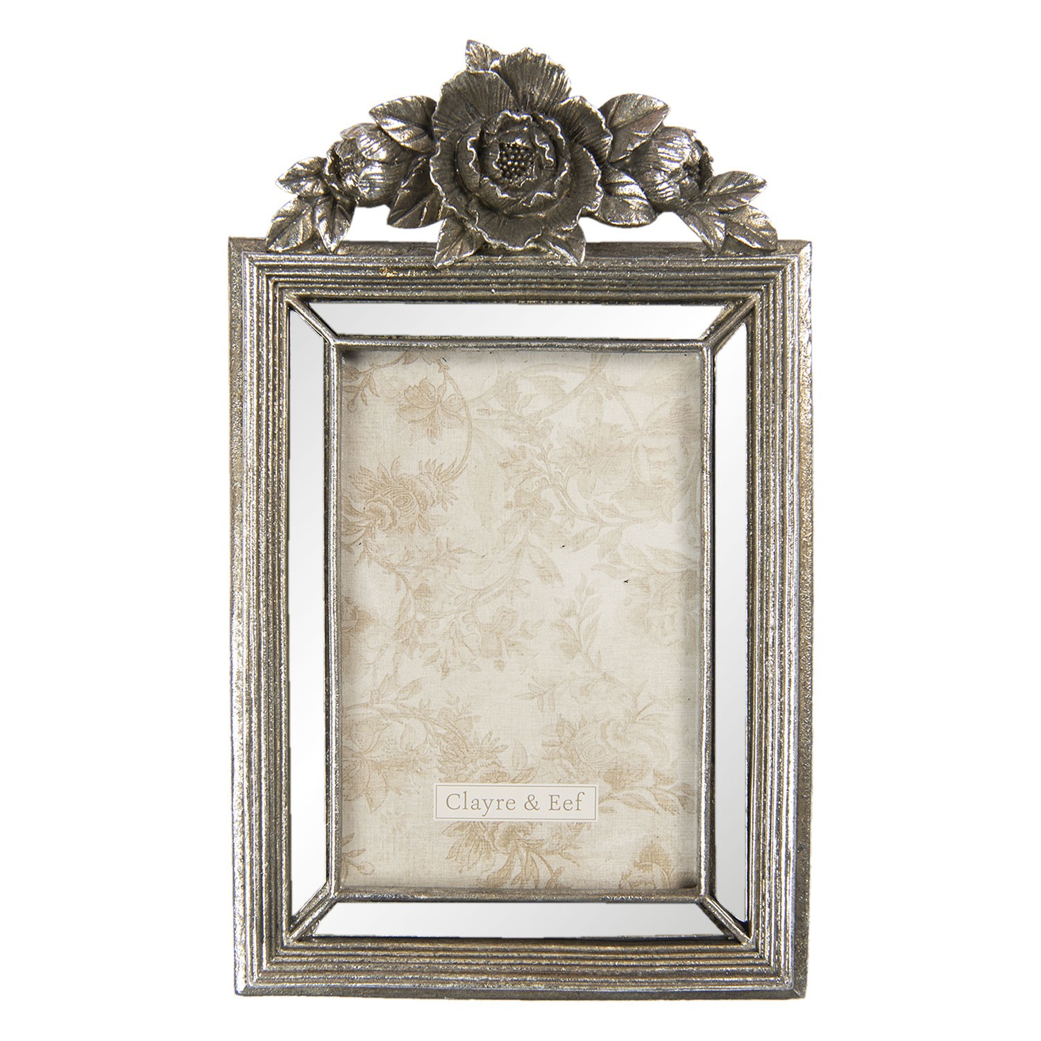 Antik stříbrný fotorámeček s dekorací květiny - 15*3*25 cm / 10*15 cm Clayre & Eef