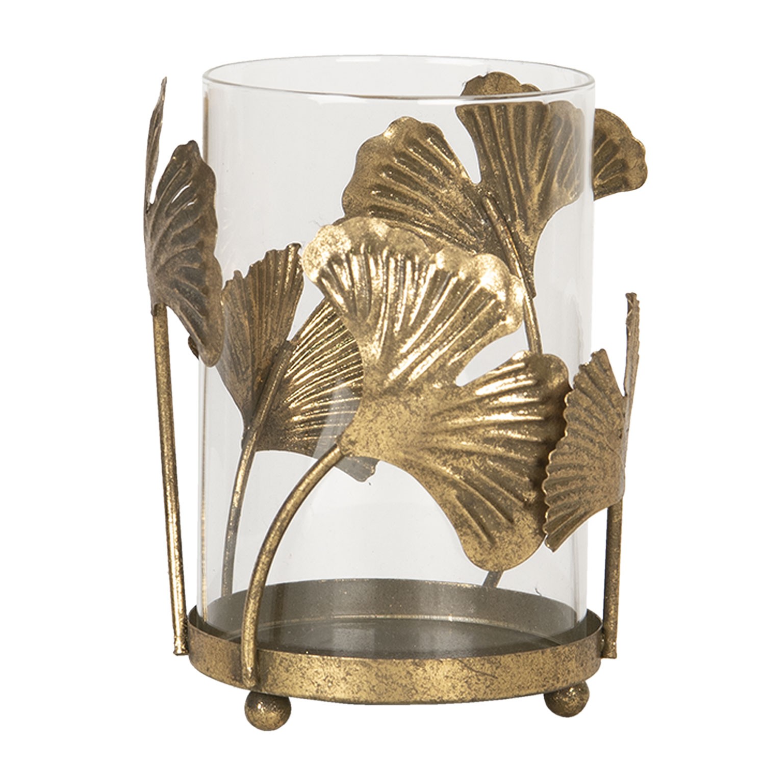 Kovovo-skleněný svícen se zlatými listy – Ø 11*16 cm Clayre & Eef