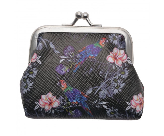 Černá peněženka s květy a papoušky Papagay - 9*7 cm