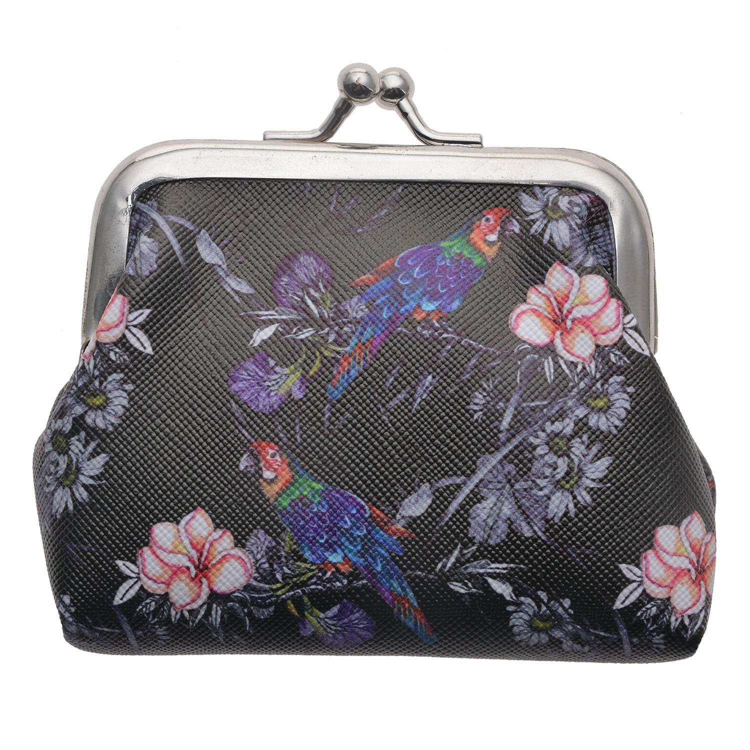 Černá peněženka s květy a papoušky Papagay - 9*7 cm Clayre & Eef