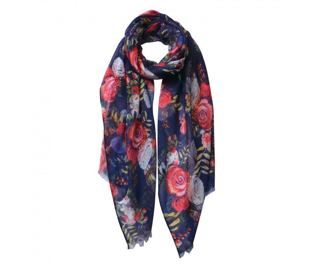 Modrý šátek s barevnými květy - 70*180 cm