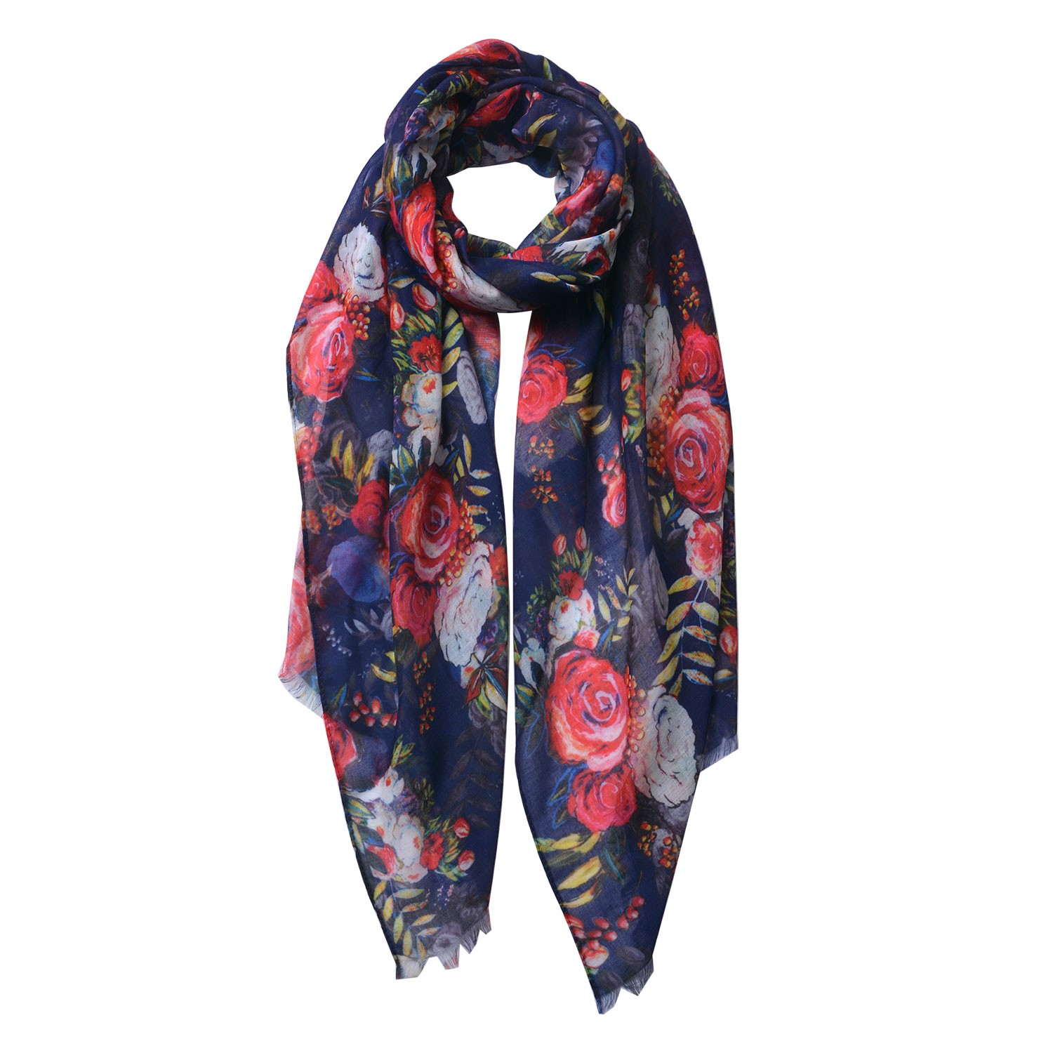 Modrý šátek s barevnými květy - 70*180 cm Clayre & Eef