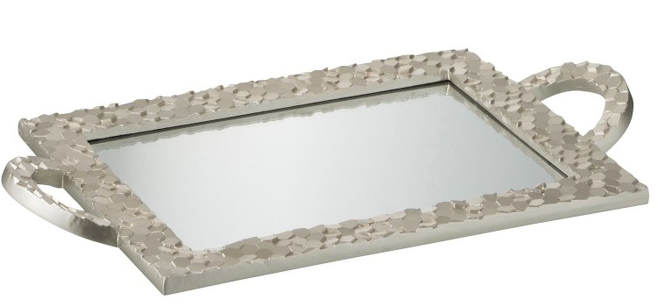 Stříbrný obdélníkový tác se zrcadlem Hexagon - 48*26*4 cm 87415