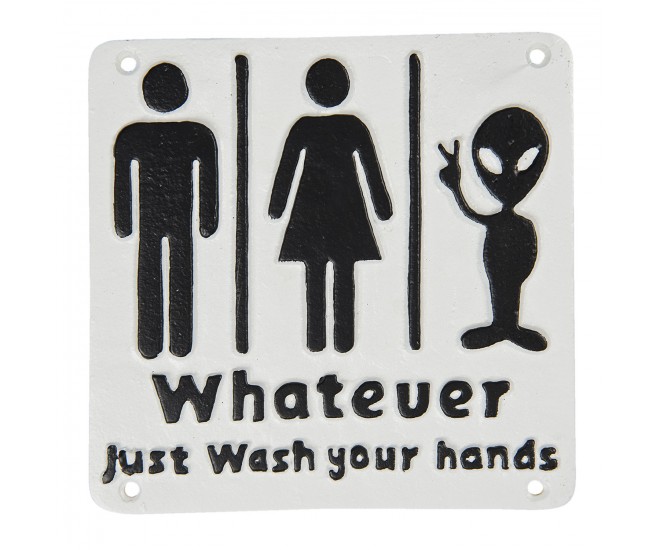 Černá kovová WC cedulka s mimozemšťanem.