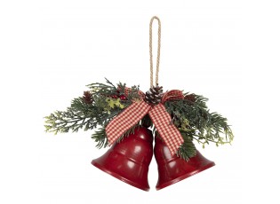 Vánoční dekorace červené zvonky s větvičkou a mašlí - 17*9*12 cm