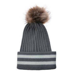 Šedá čepice s pruhy a hnědou bambulí - 20 cm