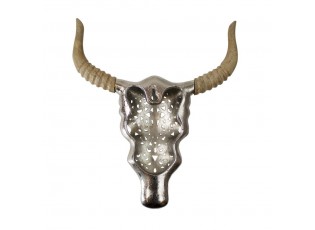 Nástěnná kovová lebka býka s dřevěnými rohy - 44*40*8cm