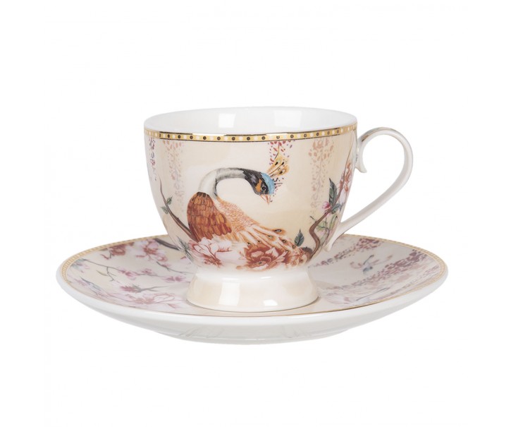 Porcelánový šálek s podšálkem s pávem - 11*8*7 / Ø 16*2 cm / 0.22L